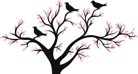 silhouette of a birds flying to the pink vinyl tree wall art decor vector illustration
