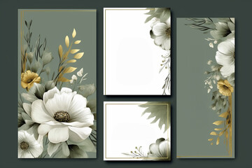 Card templates set with flowers; artistic design for business, wedding, anniversary invitation, flyers, brochures, table number, RSVP, Thank you card, Save the date card. Generative ai.