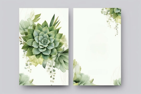 Greenery, succulent and branches Wedding Invitation card, save the date, thank you, rsvp template. Generative ai.