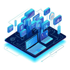 Modern cloud technology and networking concept. Cloud database, Futuristic server energy station. Data visualization concept. 3d isometric vector illustration. Generaive ai.