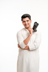 Indian Photographer With Camera on white background.
