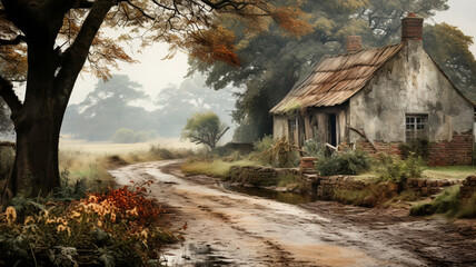 Serene Rustic Retreat  Natural Countryside Scene with Rustic Farmhouse Details, Ai Generative