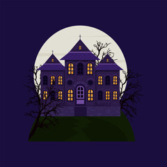 Scary castle house with a cemetery on the background of a full moon. Halloween house. Vector illustration.