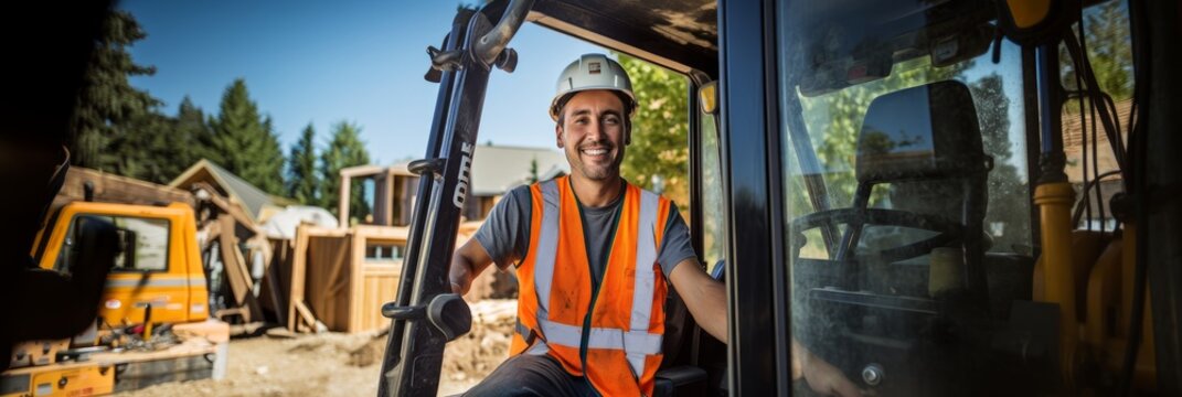 A cheerful worker is sitting in the cab of a mini excavator with a smile on his face. Generative AI