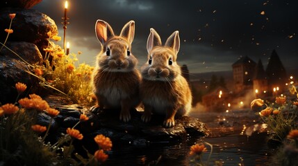 two rabbits in the night.