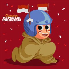 Happy Indonesian Independence Day. 17th of august design vector illustration of a funny squatting sack race competition wearing helmet