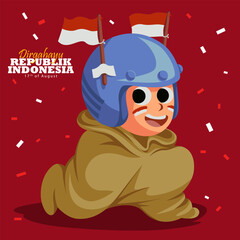Fototapeta premium Happy Indonesian Independence Day. 17th of august design vector illustration of a funny squatting sack race competition wearing helmet