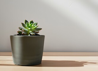 Succulent in a Small Pot on Wooden Table. Soft Sunrays Falling in creating a Pattern. Background for Text or Greetings Card