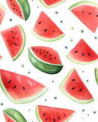 Watermelon tileable watercolor hand drawn seamless pattern created with Generative AI technology