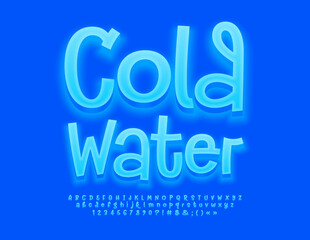 Vector glowing badge Cold Water. Funny Blue 3D Font. Playful Alphabet Letters and Numbers
