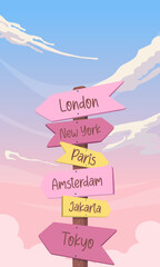 happy world tourism day. banner, brochure, poster design. illustration of a signpost to a world-famous city