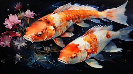 Watercolor Illustration of Two Colorful Koi Fish Swimming Together - Isolated on black.