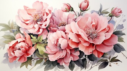 Watercolor Painting of peony, Beautiful Flowers.