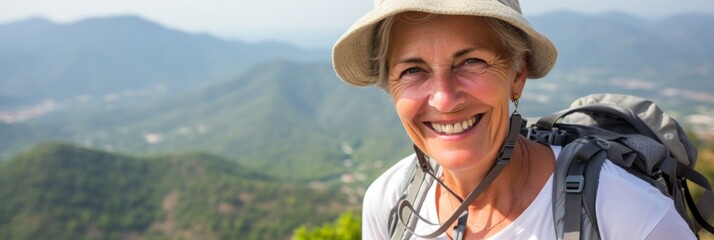 A retired woman with a backpack explores the world. Generative AI