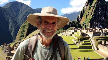 A retired woman with a backpack explores the world. Generative AI