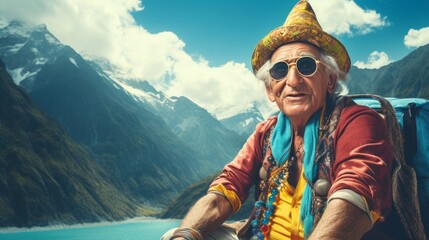 A retired woman with a backpack explores the world. Generative AI