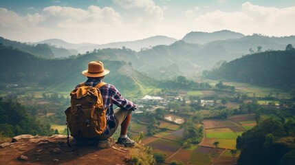 A retired woman with a backpack explores the world. Generative AI