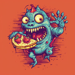 Color illustration of monster eating a slice of pizza. generative ai.