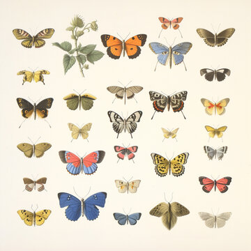 drawings of Collection of butterflies on white background. generative ai.