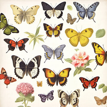 drawings of Collection of butterflies on white background. generative ai.