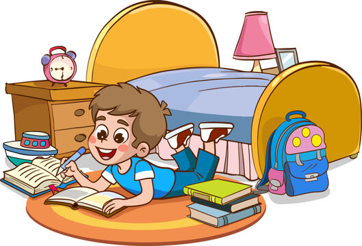 vector illustrations of cartoon cute kids reading a book in his room