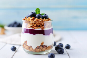  Jar of blueberry yogurt with granola