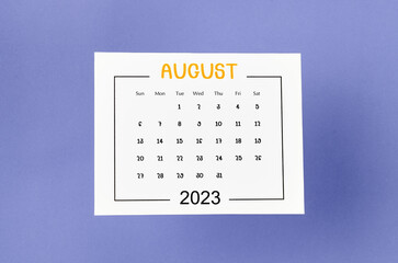 The August 2023 Monthly calendar for 2023 year on purple background.
