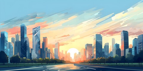 Naklejka premium Modern city flat vector landscape created with Generative AI technology