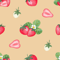 Hand drawn seamless pattern with watercolor strawberries, berries and leaves on the beige background. Repeated background