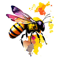 Illustration of a bee on a background of colorful splashes.