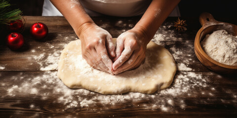Close up of a woman hands rolling the dough, making Christmas gingerbread cookies