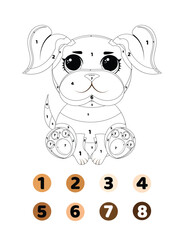 Color dog by numbers. Cartoon Coloring Book for Kids - Education Worksheet
