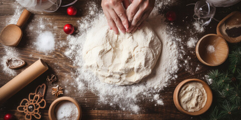 Close up of a woman hands rolling the dough, making Christmas gingerbread cookies