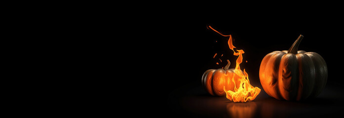 Halloween scary pumpkin on fire, black background, isolate. AI generated.