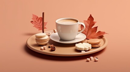 Composition of Coffee, Marshmallows, Autumn Leaf, and Cookie. AI generated