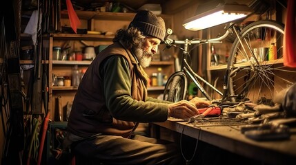 Fototapeta na wymiar Man fix bicycle in his garage, craftsman 