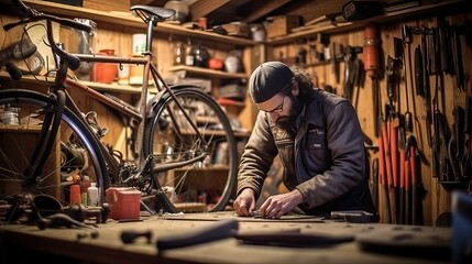 Fototapeta na wymiar Man fix bicycle in his garage, craftsman 