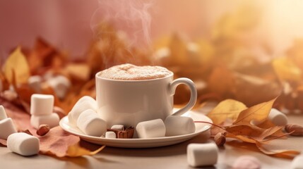 Coffee Cup with Marshmallows and Fall-inspired Accents. AI generated