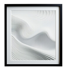 Minimalistic, black framed wall art. White geometric waves. Modern painting in a frame for the interior. Isolated on a transparent background. KI. 