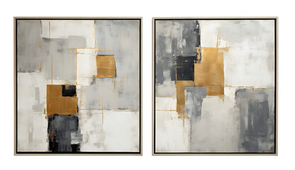A set of abstract wall oil paintings with gray and gold lines. Geometric abstractions of the picture in a bright frame. Modern interior design/triptych. Isolated on a transparent background. KI.  - obrazy, fototapety, plakaty
