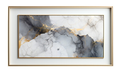 Modern, minimalistic, wall art in a gold frame and with a white passe-partout. Gray, white, gold, marble abstraction. Painting in a frame for the interior. Isolated on a transparent background. KI. 