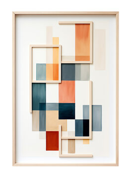 Geometric, minimalistic, wall art in a wooden frame. Watercolor abstraction with orange, gray, beige rectangles and squares. Modern painting in a frame. Isolated on a transparent background. KI. 
