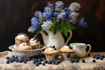 artful arrangement of muffins and blueberries