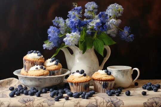 artful arrangement of muffins and blueberries