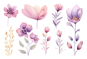 Set of watercolor flowers created with Generative AI technology