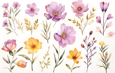 Set of watercolor flowers created with Generative AI technology