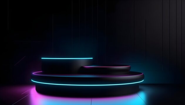 Beautiful minimalistic dark background for product presentation with podium and lights in blue and pink (KI-/AI-generiert)
