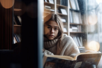 Teen engrossed in literature in a quiet bookstore, a reflection of youthful intellect and the joy of solitary exploration in a world of words. - obrazy, fototapety, plakaty