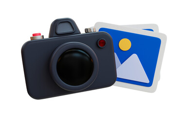 3d minimal photo shoot concept. black camera with photo gallery icon. 3d illustration.