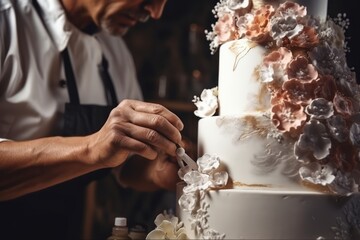 Fototapeta na wymiar Artisan baker applying intricate detailing on a luxurious wedding cake, epitomizing culinary craftsmanship and celebration elegance